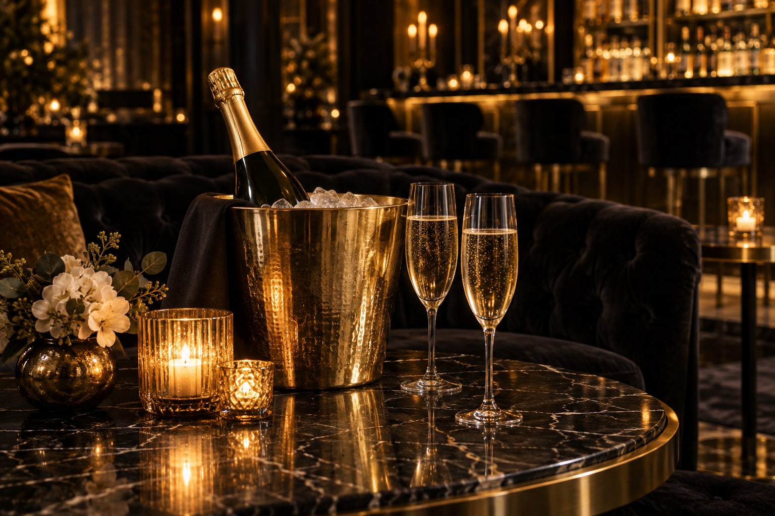 Champagne, gold details and candlelight on a black marble lounge table